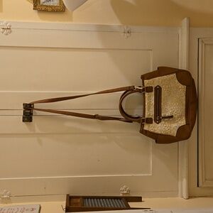 Payless Shoes brown bag with cream lace inset